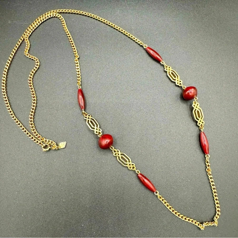 Vintage Signed Sarah Cov Gold Tone and Red Resin Beads